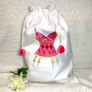 Zazendi Embroidered Lingerie Bag Lined Drawstring PomPoms NEW